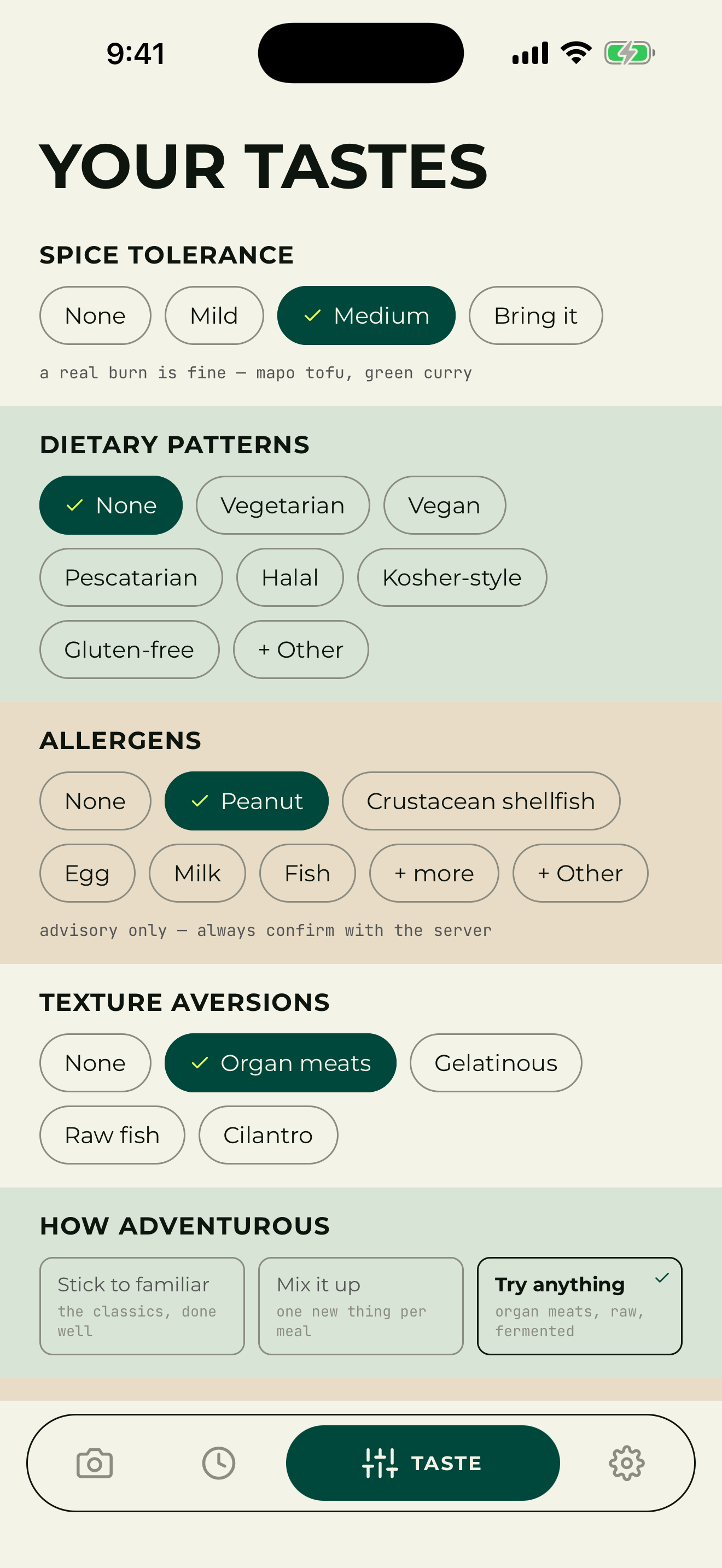 YOUR TASTES: spice tolerance set to Medium, dietary patterns None, Peanut selected under allergens, Organ meats under texture aversions and 'Try anything' under how adventurous, with the tab bar on TASTE